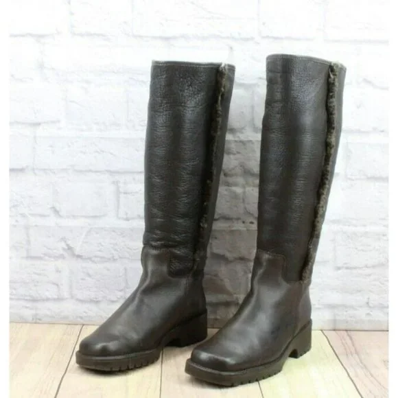 LL Bean Brown Leather Pull On Faux Fur Heeled Tall Boots Size 8 - Picture 2 of 11